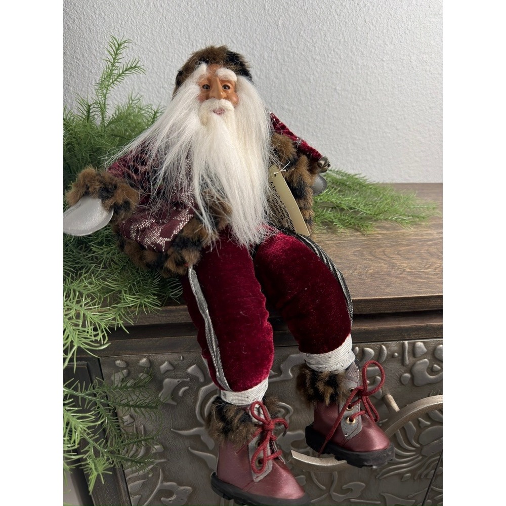 Handcrafted Santa Doll 12" Burgundy Velvet Woodland Folk Art Christmas Decor
